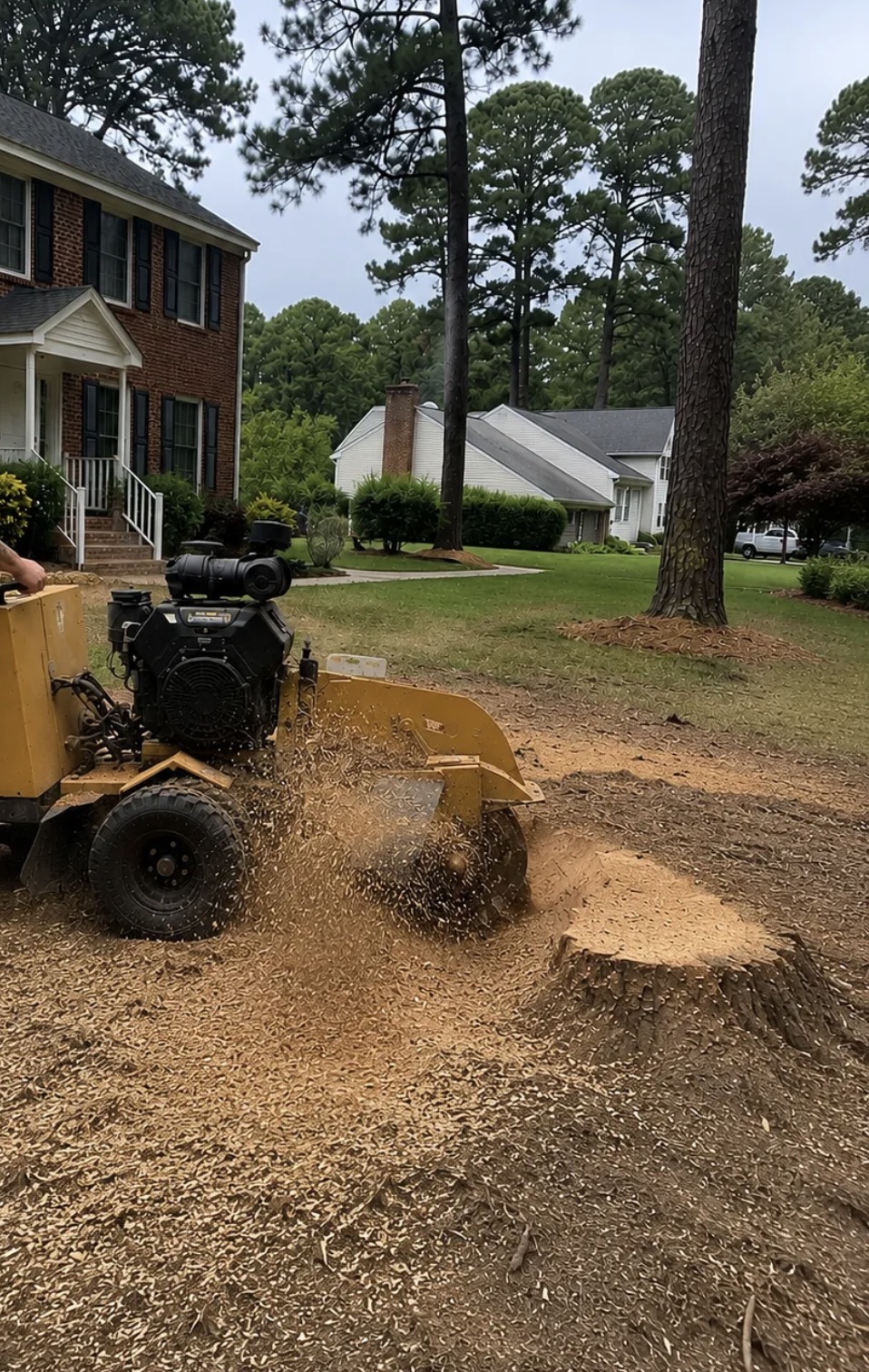 Stump grinder throwing chips off a large front-yard stump