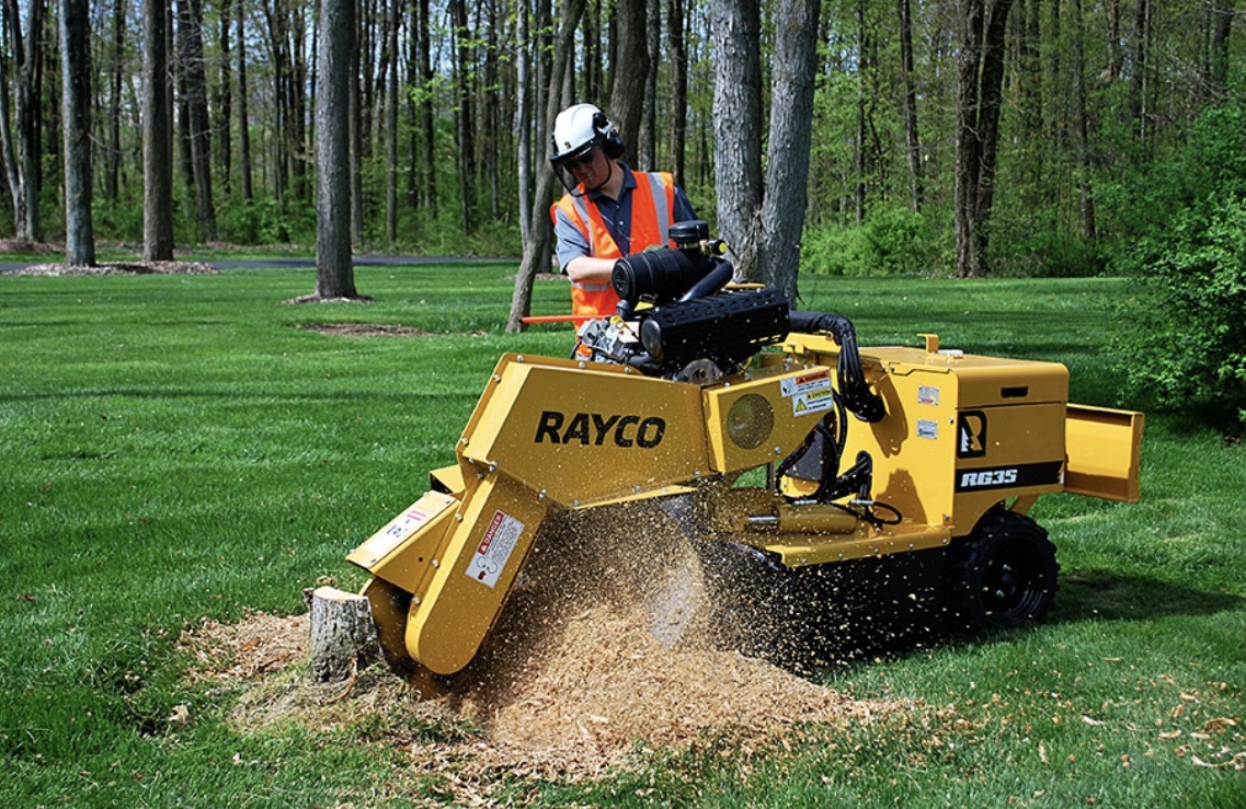 Operator running a Rayco walk-behind stump grinder in a green yard